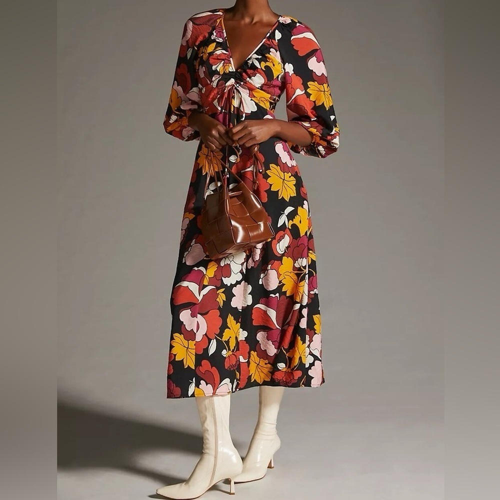 Maeve by Anthropologie Deep-V Ruched Midi Dress Floral in Brown Motif Size 8